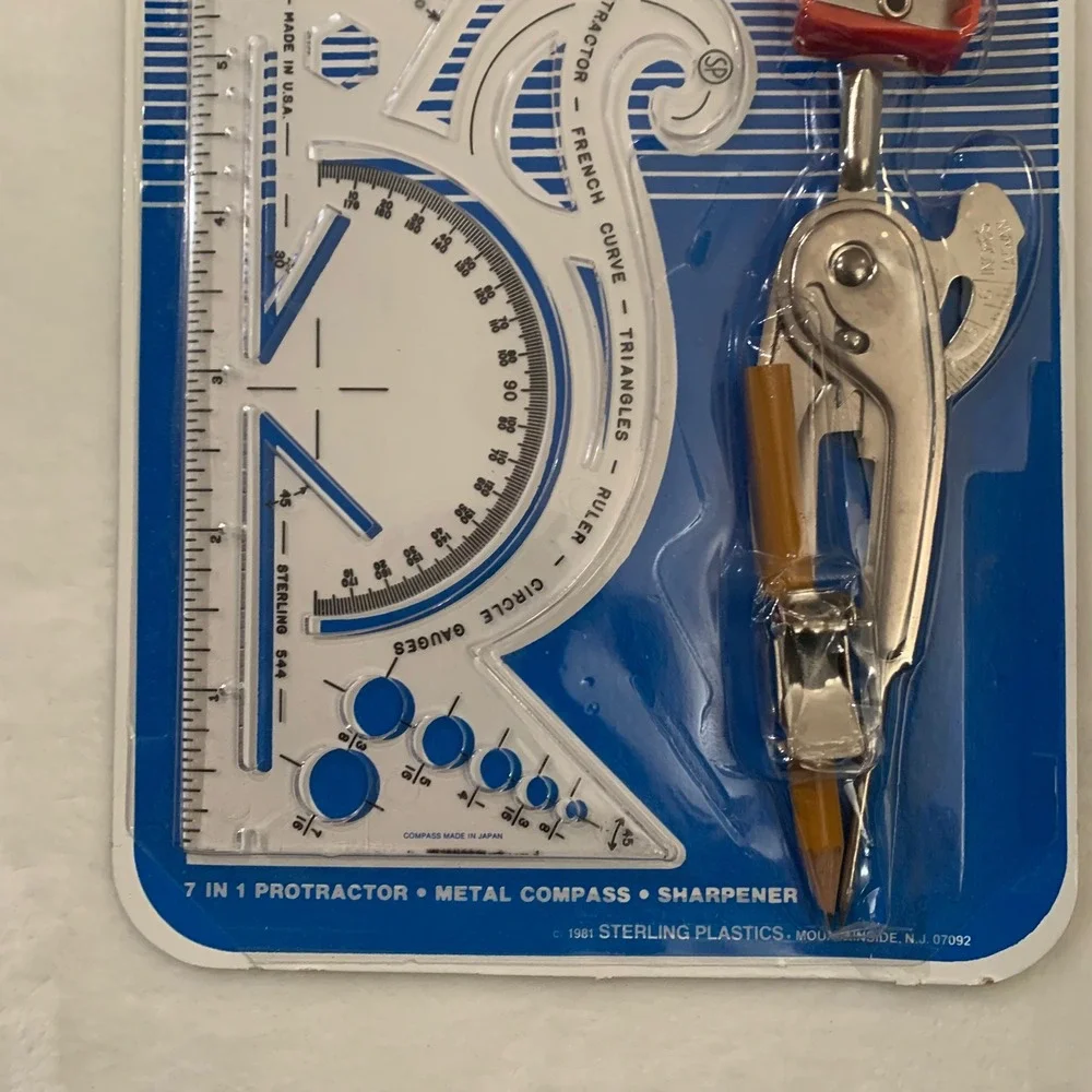 Sterling School‎ Kit 7 in 1 Protractor Metal Compass Sharpener New Vintage NOS